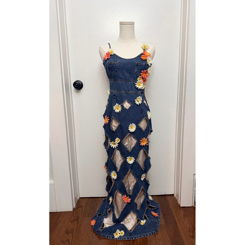 VTG Salon de Beaute Italy Denim Diamond Cut Out Maxi Dress Daisy Floral Y2K XS/S